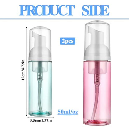 2 Pack Foam Pump Bottle Travel 60 ml/2 oz Small Size Mousse Foam Soap Dispenser Clear Plastic Foaming Soap Dispenser Mini Empty Refillable Pump Containers for Face Wash Lash Shampoo Skin Care