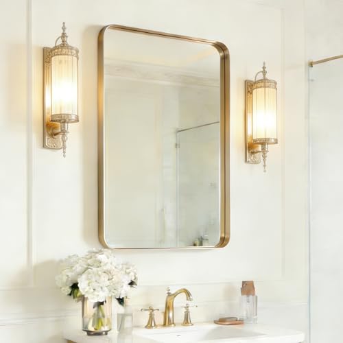 USHOWER Gold Bathroom Mirror 24"x36", Rectangle Mirror for Bathroom Sink | Brushed Champagne Brass Gold Vanity Mirror for Wall, Aluminum Frame, Anti-Rust, Tempered Glass - color: Brushed Gold, size: 24"L x 36"W