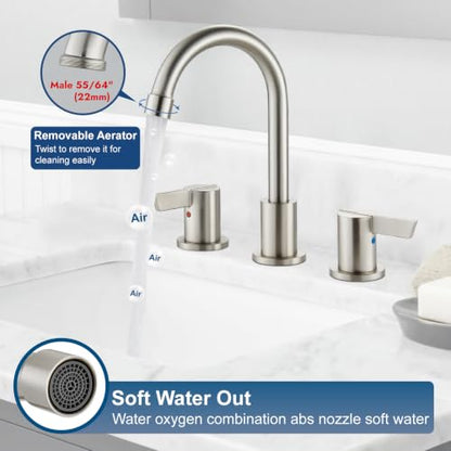 Bathroom Sink Faucet 3 Hole, 8 Inch Widespread, Brushed Nickel | Lead-Free SUS304 Stainless Steel 8-Inch Widespread Bathroom Faucet with Pop-Up Drain & Supply Lines - color: Brushed Nickel