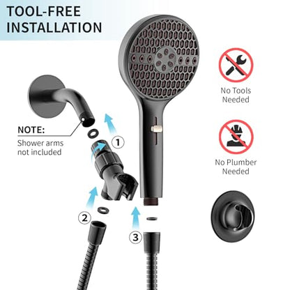 Matte Black Handheld Shower Head High Pressure with 9 Spray Settings & Power Wash Jet, 71" Extra Long Stainless Steel Hose, 360° Adjustable Dual Brackets for Low Water Pressure Home Bath - color: Matte black- 4.53 Inch