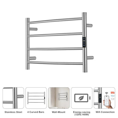 Electric Towel Rack with Voice Control for Alexa & Google Home,TUYA - Wall-Mounted Bathroom Heating Towel Warmer,Plug-in,Stainless Steel Material,16.54x23.62x5.51 in,Brushed，4 Bars - color: Brushed With Wifi, size: 4 Bar