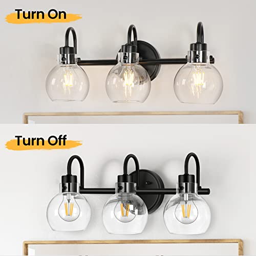 Bathroom Light Fixtures, Black 3 Lights Vanity Light, Farmhouse Wall Sconces with Globe Glass Shade, Porch Wall Mount Lamp for Mirror, Kitchen, Porch Living Room Workshop (E26 Base) | Farmhouse Wall Sconces with Clear Globe Glass Shade, Wall Mount Lamp fo