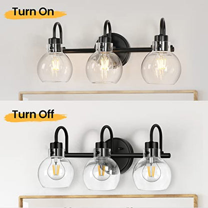Bathroom Light Fixtures, Black 3 Lights Vanity Light, Farmhouse Wall Sconces with Globe Glass Shade, Porch Wall Mount Lamp for Mirror, Kitchen, Porch Living Room Workshop (E26 Base) | Farmhouse Wall Sconces with Clear Globe Glass Shade, Wall Mount Lamp fo