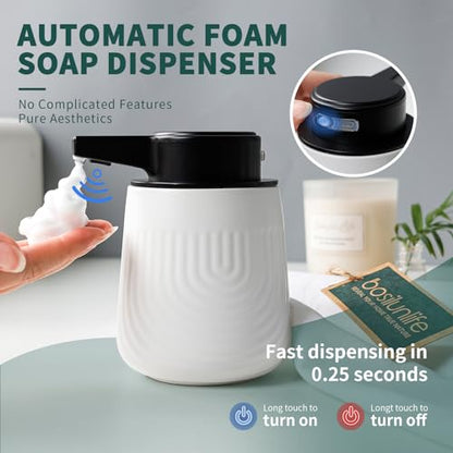 BosilunLife Ceramic Automatic Soap Dispenser with Extended Pump Nozzle, 3 Adjustable Levels, Touchless Foam Hand Wash Foaming Dispenser for Bathroom & Kitchen, Embossed Wave Design, White, 10oz - color: Embossed Wave-white