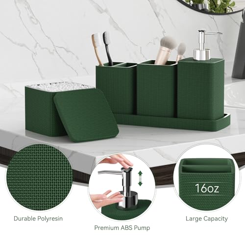 Dark Green Bathroom Accessories Set 5 Pieces, Resin Toothbrush Holders Set Complete with Soap Dispenser, Toothbrush Holder, Vanity Tray, Bathroom Tumbler and Qtip Holder for Small Spaces - size: 5 Pcs Bathroom Set, style: Dark Green