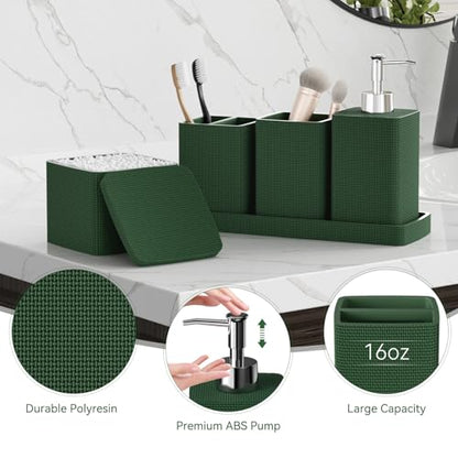 Dark Green Bathroom Accessories Set 5 Pieces, Resin Toothbrush Holders Set Complete with Soap Dispenser, Toothbrush Holder, Vanity Tray, Bathroom Tumbler and Qtip Holder for Small Spaces - size: 5 Pcs Bathroom Set, style: Dark Green