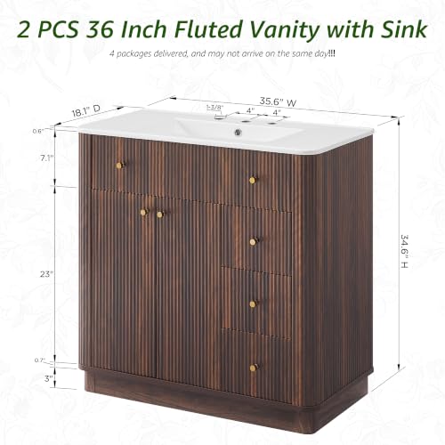 T4TREAM 72" Fluted Bathroom Vanity with 2 Single Sinks, Dark Walnut | Integrated Ceramic Sink, Large Storage Cabinet, Adjustable Shelf, 3 Drawers, Three pre-drilled faucet holes, Mid-Century - color: Dark Walnut, size: 72" (2 Single Sinks)