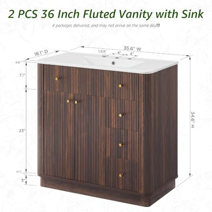 T4TREAM 72" Fluted Bathroom Vanity with 2 Single Sinks, Dark Walnut | Integrated Ceramic Sink, Large Storage Cabinet, Adjustable Shelf, 3 Drawers, Three pre-drilled faucet holes, Mid-Century - color: Dark Walnut, size: 72" (2 Single Sinks)