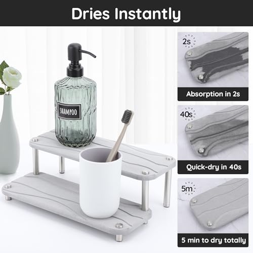 Segbeauty 2 Tier Quick Dry Diatomaceous Earth Stone Tray, 11x4.3in Water Absorbing Bathroom Tray Countertop Organizer Instant Drying Vanity Tray, Kitchen Counter Dish Soap Dispenser Rack Sponge Holder - color: Gray