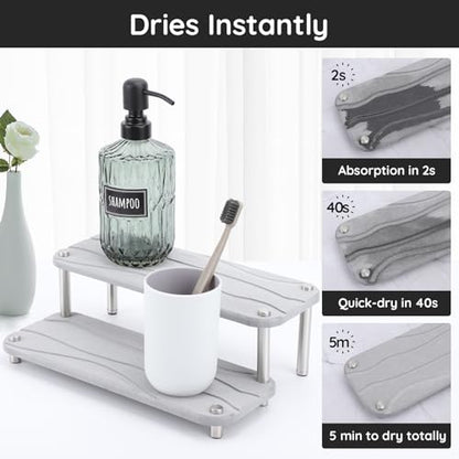 Segbeauty 2 Tier Quick Dry Diatomaceous Earth Stone Tray, 11x4.3in Water Absorbing Bathroom Tray Countertop Organizer Instant Drying Vanity Tray, Kitchen Counter Dish Soap Dispenser Rack Sponge Holder - color: Gray
