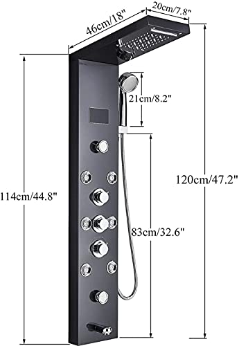 Bathroom Shower Panel Tower System LED Temperature Display Body Jets Shower Set Waterfall Rain Shower Head 6 Functions Temperature Display-Black