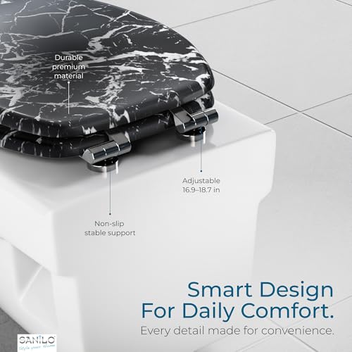 SANILO Wooden Toilet Seat with Soft Close [ELONGATED] - Decorative, Quiet & Slow Close Molded Wood Seat - With Strong Bumpers & Hinges - Adjustable Fit - Marble Black - color: Marble Black