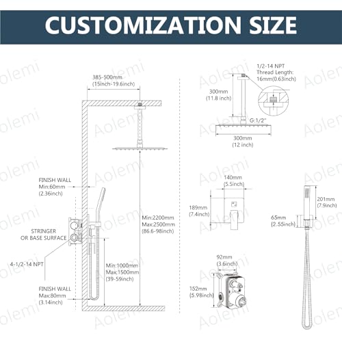 Aolemi Ceiling Shower Faucet with Handheld 12 Inch Head Brushed Gold | Shower Valve and Trim Kit,SUS304 Rain Head and Handle Set System,All Metal,Bathroom, Handheld Spray - color: Gold, size: 12 Inch Ceiling Shower Head
