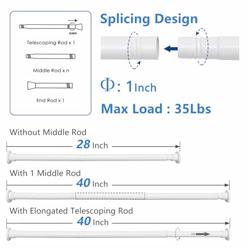White Shower Curtain Rod 28"-77", Never Rust Anti-Slip Adjustable Tension Curtain Rods No Drilling, Heavy Duty Spring Enlarged Diameter 1" Tension Rod for Bathroom/Closet/Room Divider - color: White, size: 28"-77"