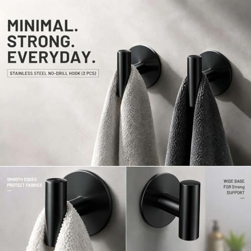 2 Pack Waterproof Adhesive Tissue Wall Hooks, Sticky Mount Hooks for Towel, Robe, Clothes-Black - color: Black