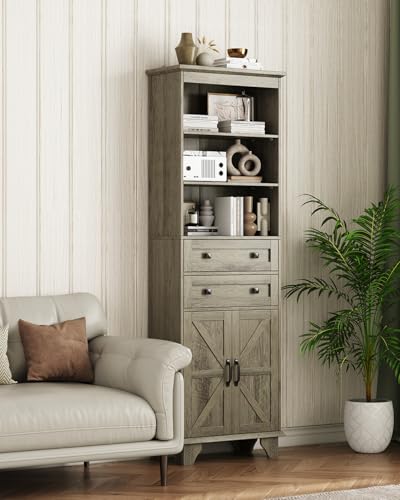 72" Farmhouse Storage Cabinet, Tall Bathroom Cabinet with 2 Drawers, Adjustable Shelves and Barn Door, Freestanding Cabinets for Bathroom, Living Room, Kitchen, Grey - color: Grey