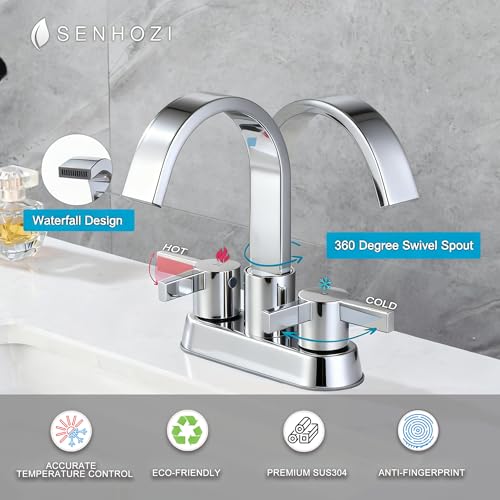 Bathroom Sink Faucet 3 Hole Chrome, 4 Inch Centerset | 360 Degree Swivel Waterfall Spout, Stainless Steel Bathroom Faucet for Sink 3 Hole, with Pop Up Drain, Chrome Bathroom Faucet - color: Chrome