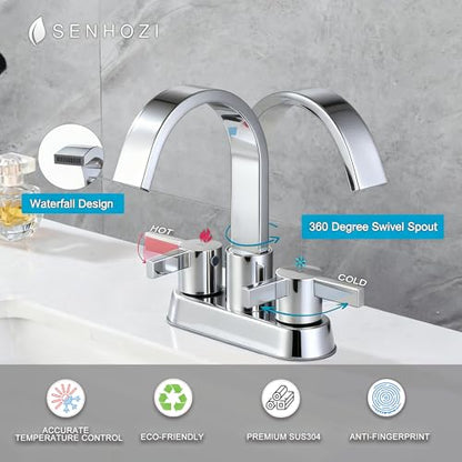 Bathroom Sink Faucet 3 Hole Chrome, 4 Inch Centerset | 360 Degree Swivel Waterfall Spout, Stainless Steel Bathroom Faucet for Sink 3 Hole, with Pop Up Drain, Chrome Bathroom Faucet - color: Chrome