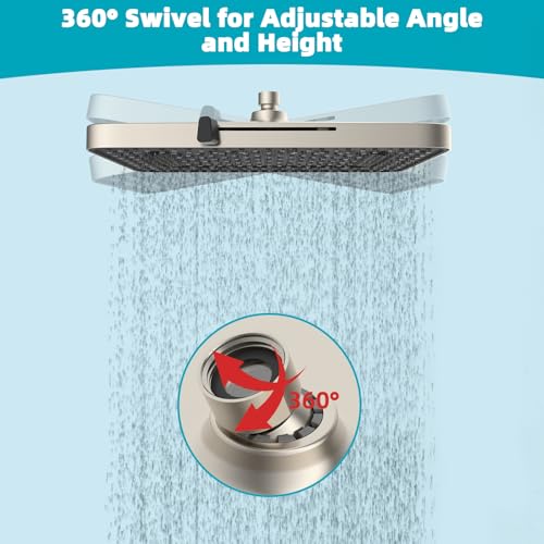 Hibbent cUPC Certified 5 Spray Modes Shower Head, 13'' High Pressure Large Rainfall Shower Head, High Flow Waterfall Bathroom Fixed Showerheads, Adjustable Swivel Ball Joint, Brushed Nickel - color: Brushed Nickel, style: Square 13''