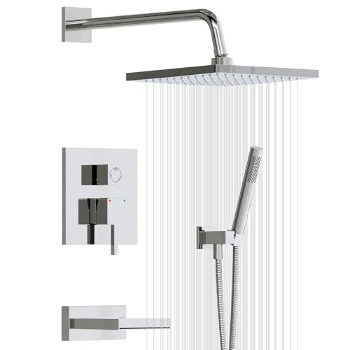 Esnbia Bathtub Shower Faucet Set, Rain Shower System with Tub Spout, 10 Inches Shower Heads with Handheld Spray Combo, Wall Mounted Shower Fixtures with Shower Valve kit, Chrome - color: Chrome