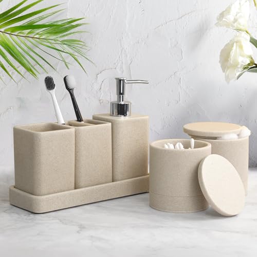 Bathroom Accessories Set, 6 Piece Soap Dispenser Set - Sand Beige | Bathroom Set with Toothbrush Holders, Soap Dispenser, Vanity Tray, Tumbler, Cotton Swab Jars, Bathroom Organizer and Storage - color: Beige