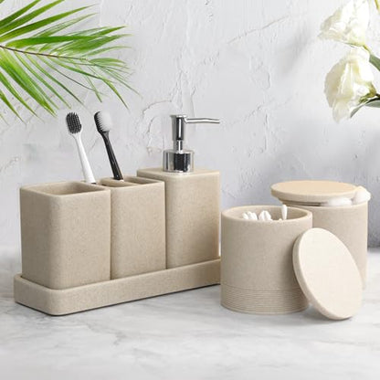 Bathroom Accessories Set, 6 Piece Soap Dispenser Set - Sand Beige | Bathroom Set with Toothbrush Holders, Soap Dispenser, Vanity Tray, Tumbler, Cotton Swab Jars, Bathroom Organizer and Storage - color: Beige