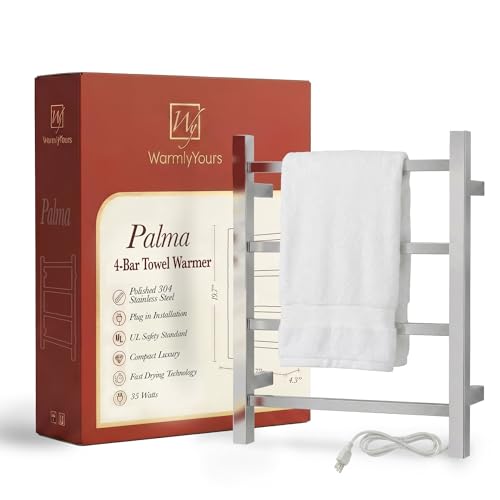 WarmlyYours Palma Heated Towel Rack, 4 Bars, Polished Steel | Wall-mounted compact electric towel warmer and dryer, plug-in or hardwired, 304 stainless steel, warms 2 towels or a robe
