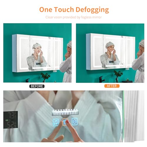VINGLI LED Lighted Medicine Cabinet with Intelligent Mirror, Bluetooth Speaker, Weather & Temp Display, Anti-Fog, Built-in Outlet & USB, Large 3-Door Bathroom Mirror Cabinet,48 Inch, Need Assembly - size: 6"D x 48"W x 28"H