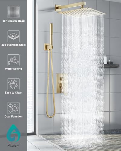 Aolemi Shower System with Rain Head and Handheld,16-Inch,Brushed Gold | High-Pressure Shower Faucet Set with Dual-Function Handheld,Rough-In Valve,1.8 GPM,Wall-Mount Trim Kit - color: Brushed Gold, size: 16 Inch
