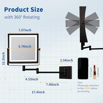 Ruacq Wall Mounted Makeup Mirror with Lights 1X/10X Oil Rubbed Bronze | 8",4000mAh Rechargeable,Magnification,3 Color,Touch Screen Dimmable,360° Rotation Extension Foldable Arm, Square, Women Gift - color: Oil Rubbed Bronze