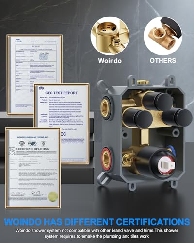 Woindo Shower System with Pressure Balance Valve, 10" Ceiling Mount Shower Faucet Set with 2 Rain Shower Head And Multi-function Handheld Head Push Button Diverter Pressure Balancing Valve Kit - color: Matte Black, style: 10"-Round