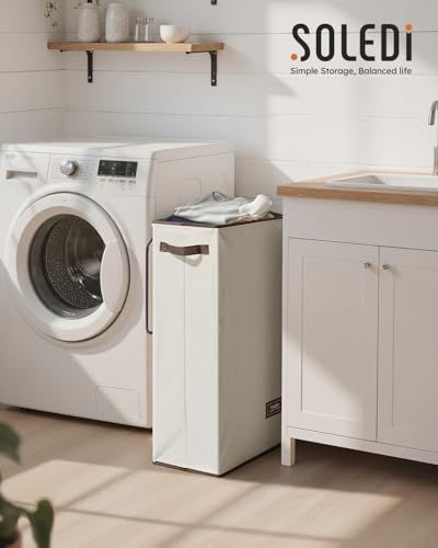 SOLEDI Slim Laundry Hamper with Lid, Narrow Laundry Basket with Removable Bags, Dirty Clothes Hamper with handle, Small Hamper perfect for Laundry room, Bathroom, Bedroom, Small spaces. 70L Beige - color: Off-White, size: 70L