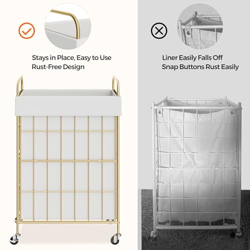 90L Laundry Hamper with Wheels, Laundry Basket with Handle and Liner Bag | Lockable Casters; Reinforced Frame; Breathable Fabric; Space-Efficient Design - color: Golden+White, size: 90L-1 Section