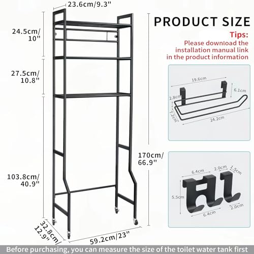 IIQ 3-Tier Metal Bathroom Organizer Shelf, Over The Toilet Storage,Freestanding Above Toilet Rack with Universal Wheels Toilet Paper 2 Holder Hooks,Simple Morden