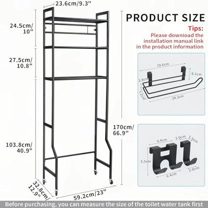 IIQ 3-Tier Metal Bathroom Organizer Shelf, Over The Toilet Storage,Freestanding Above Toilet Rack with Universal Wheels Toilet Paper 2 Holder Hooks,Simple Morden