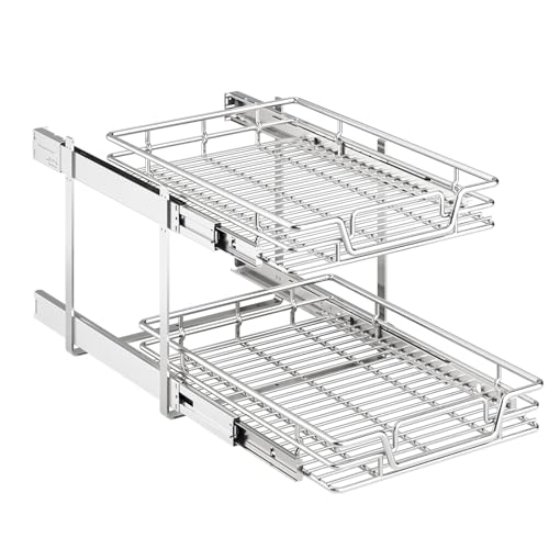 2-Tier Kitchen Cabinet Pull Out Shelf and Drawer Organizer Slide Out Pantry Storaqe Basket in Multiple Sizes (16" W x 21" D) - size: 16" W x 21" D