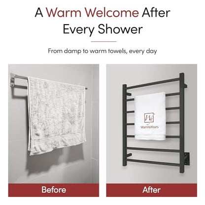WarmlyYours Tahoe Heated Towel Rack, 7 Bars, Matte Black | Hardwired 120V heated towel rack for spa-like bathroom comfort, 427 BTU/hr, energy-efficient towel drying - color: Matte Black (7 Bars)