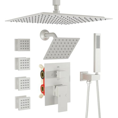 Enga Dual Shower Head Shower System with Body Jets, 12" Ceiling Mounted Rain Shower Head & 6" Wall Mounted Head Full Body Rainfall Shower Faucet with Valve Kit, Brushed Nickel - color: Brushed Nickel, style: Ceiling-12"+6"+Jets