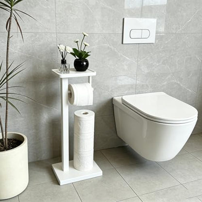 Bamboo Freestanding Bathroom Toilet Paper Holder Stand with Phone Shelf and Storage, Holds 3 Extra Mega Rolls(White) - color: White
