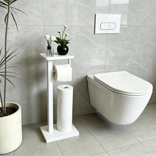 Bamboo Freestanding Bathroom Toilet Paper Holder Stand with Phone Shelf and Storage, Holds 3 Extra Mega Rolls(White) - color: White