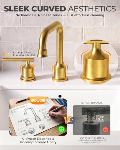 WOWOW Gold Bathroom Faucet 3 Hole, Widespread Vanity Sink Faucets 8 Inch | Copper Inlet Faucet for Bathroom Sink with Swivel Spout, 2 Handles Lavatory Tap with Drain and cUPC Supply Line (Set of 2) - color: Brushed Gold x 2, style: Upgrade-8 Inch