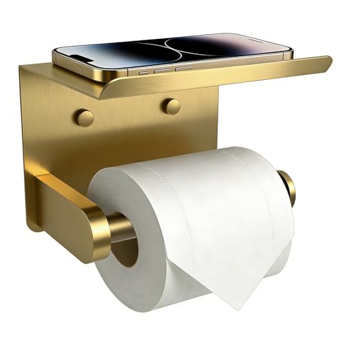 SetSail Toilet Paper Holder with Shelf Adhesive or Screw-in Gold | Adhesive or Screw-in,Waterproof and Rustproof Stainless Steel,Wall Mount Design,for Bathroom Hardware Accessories - color: Brushed Gold, size: 1 Packs