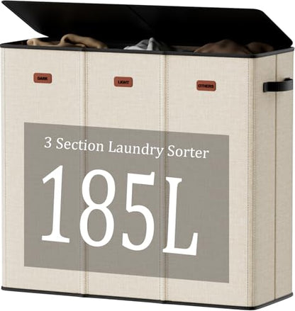 185L Laundry Hamper 3 Section with Lid, Beige Clothes Hamper with 3 Removable Laundry Bags, Large Laundry Basket for Bedroom, Laundry Room, Dorm - color: Beige