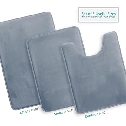 Clara Clark 3 Piece Bathroom Rugs, Velvet Memory Foam Bath Mat Set, Non-Slip Bath Rugs, Machine Wash, Dries Quickly, Ultra Soft Plush Bath Mats for Bathroom, 17 x 24/20 x 32 / Contour, Stone Blue - color: Stone Blue