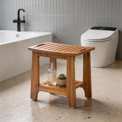 NNN 21" Standard Teak Shower Bench with Japan-Made Non-Slip Leveling Feet | US Patented Design, Marine-Grade Hardware, Pre-Oiled European Teak Oil, Ready, 300lb, for Showers Spa Sauna & Outdoor Pools - size: 21"W x 13" Dx 18"H