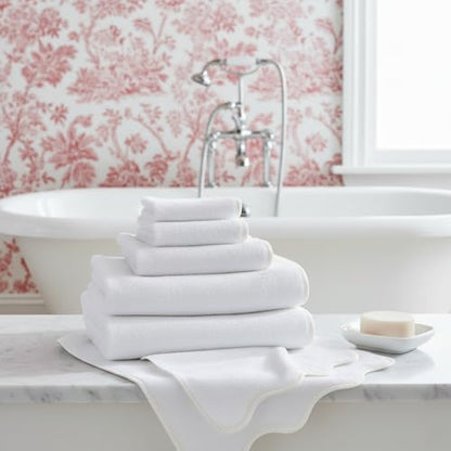 Lotus Linen Luxury Scallop Piping Towel Set of 6, 620 GSM 100% Zero Twist Cotton, 2 Bath, 2 Hand Towels, 2 Washcloths, Hanging Loops, Ultra Soft Absorbent Bathroom Essentials (Pack of 6) - color: White Piping, size: Towel Set (Pack of 6)
