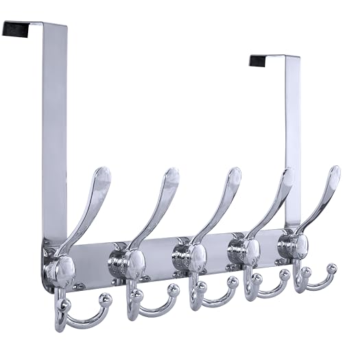 Over Door Hook 2.0 - Upgraded Version - Simple-Assembly, Strong, Heavy-Duty Stainless Steel 5-Tri-Hook Over The Door Hanger Rack, SimpleStrong Series, Chromed - color: Chromed