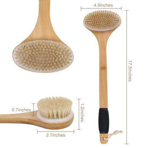 OWIIZI Back Scrub Brush for Shower,Stiff Boar Bristles Bamboo Curved Long Handle Antiskid Body Bath Brush for Back Use Wet or Dry,Deep Cleanse Large Surface Back Scrubber | 17.5" Bamboo Curved Long Handle Bath Brushes,Large Surface Deep Cleanse Back Scrub