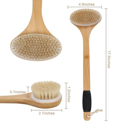 OWIIZI Back Scrub Brush for Shower,Stiff Boar Bristles Bamboo Curved Long Handle Antiskid Body Bath Brush for Back Use Wet or Dry,Deep Cleanse Large Surface Back Scrubber | 17.5" Bamboo Curved Long Handle Bath Brushes,Large Surface Deep Cleanse Back Scrub