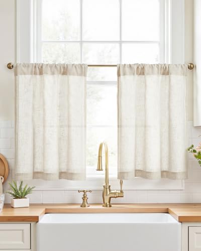 jinchan Rustic Linen Rod Pocket Tier Curtains, 26x30, 2 Panels, Natural | Light filtering, cafe curtains, machine washable, farmhouse, kitchen, bathrooms, laundry, small window, over sink - color: Rod Pocket | Natural Linen, size: 26"W x 30"L (Pack of 2)